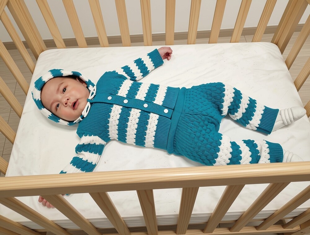 Handmade Baby Knit 4pc Set Teal White Striped Sweater Pants Hat Mittens